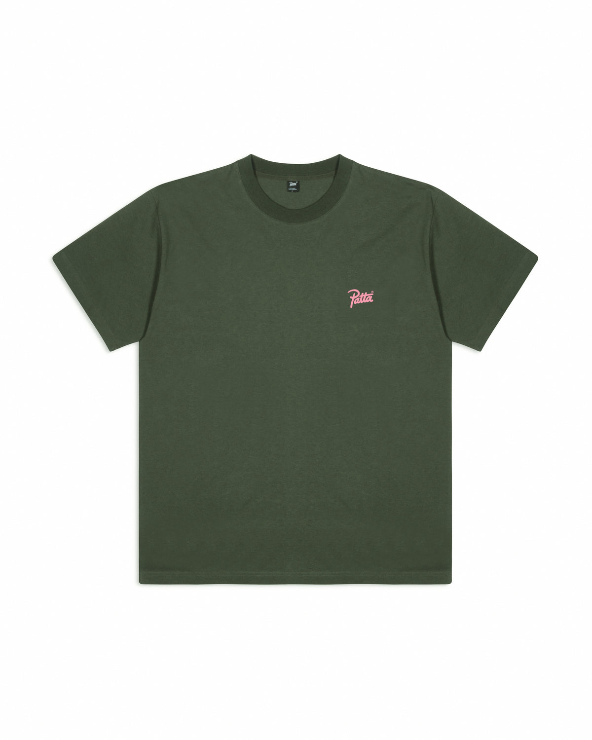 Front view of the Patta Charm T-Shirt in Climbing Ivy green with pink script logo on the chest.